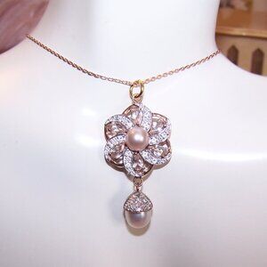 Made in India Sterling Silver Vermeil Pearl and Cubic Zirconia CZ Dangle Pendant